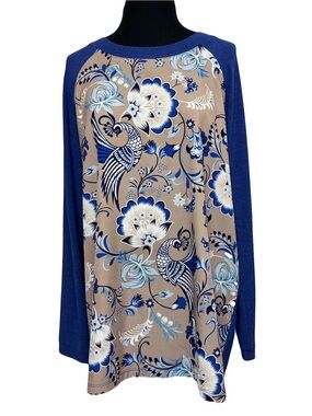 Soft Surroundings | Blue Peacock Floral Mixed Media Raglan Tunic Top, Large